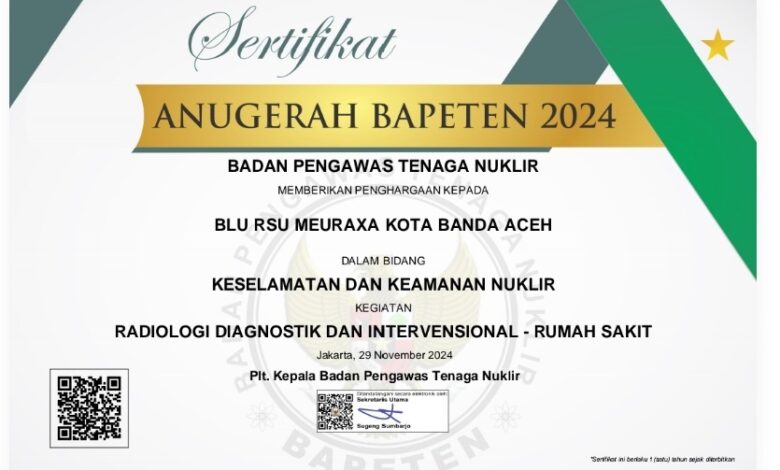RSUD Meuraxa Terima Penghargaan Anugerah Bapeten Tahun 2024